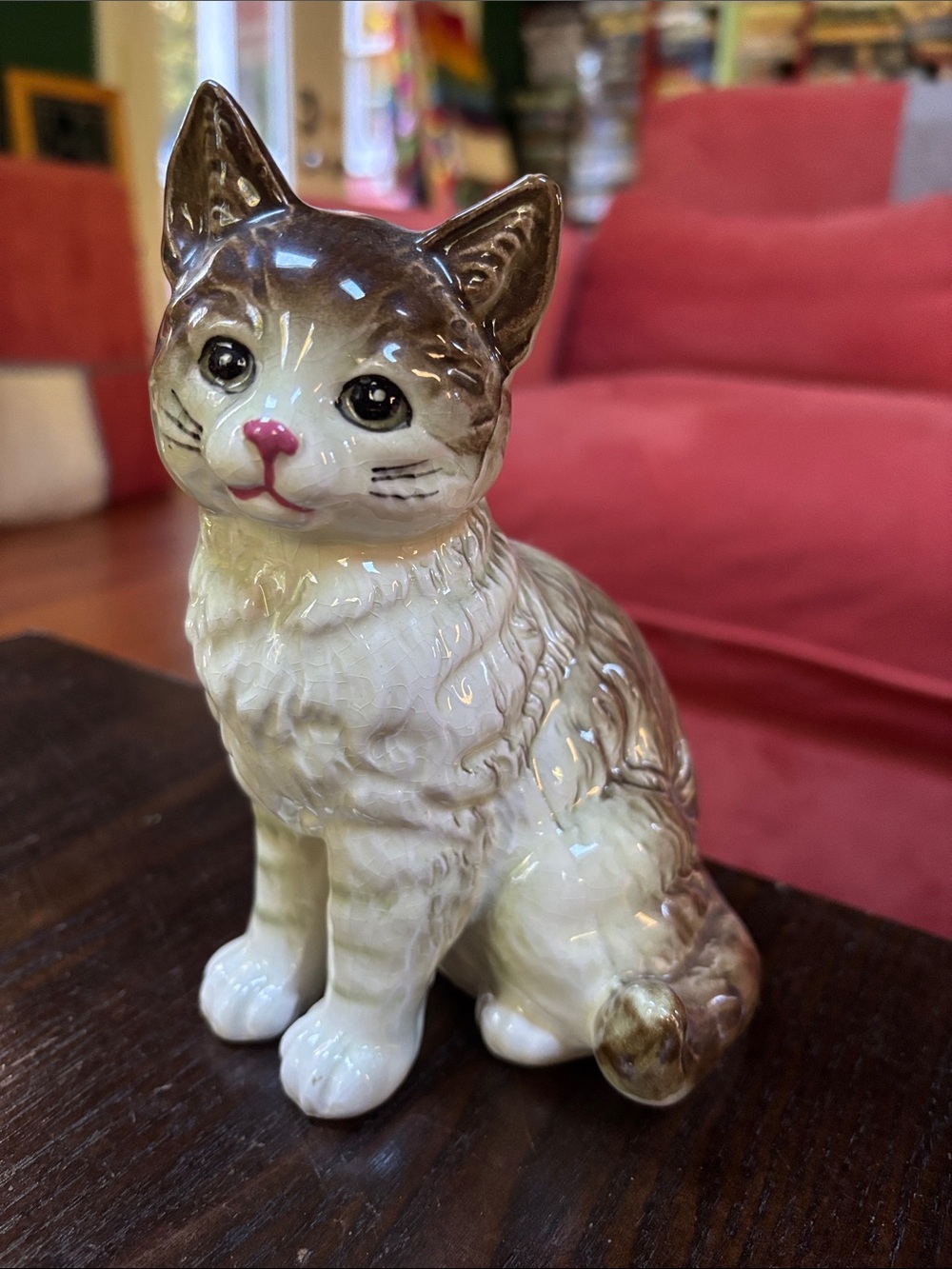 Glazed Ceramic Cat Statue - Brown and White Decorative Figurine